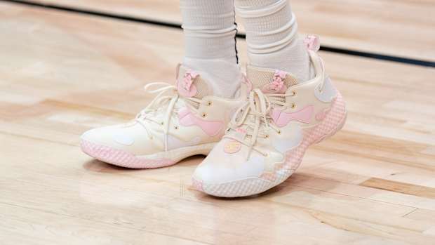 Philadelphia 76ers guard James Harden wearing the Adidas Harden Vol. 6.